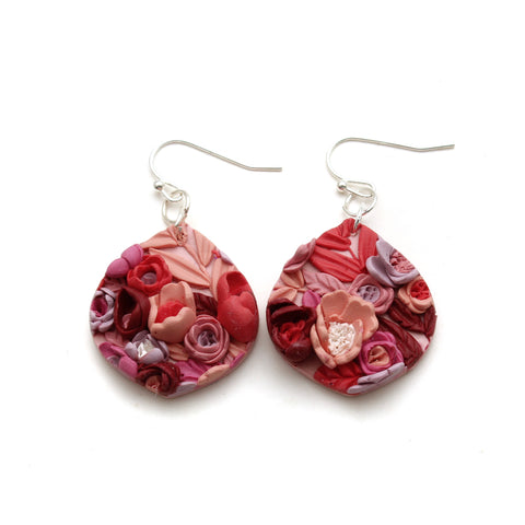 Pink and Red Floral Dewdrop Polymer Clay Earrings
