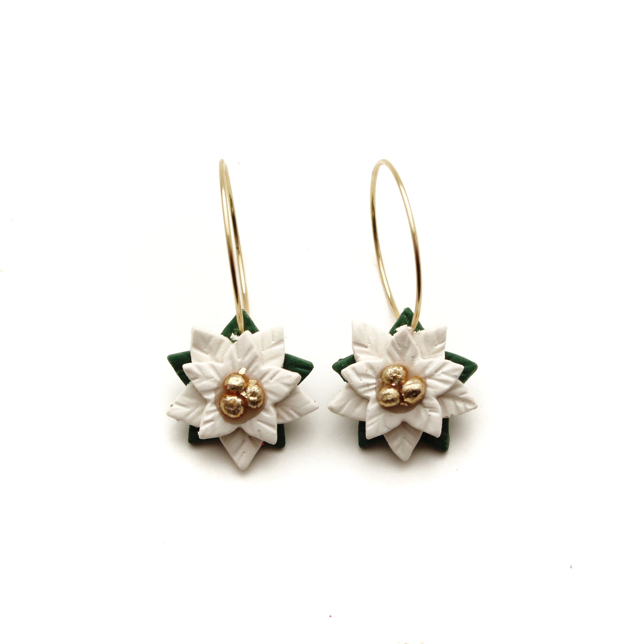 White Poinsettia Hoop Dangle Earrings