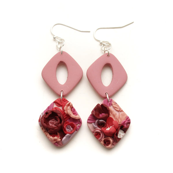 Pink and Red Floral Double Rhombus Polymer Clay Earrings