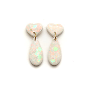 White and Iridescent Heart Dangle Earrings