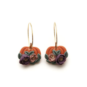 Purple Floral Pumpkin Hoop Dangle Earrings