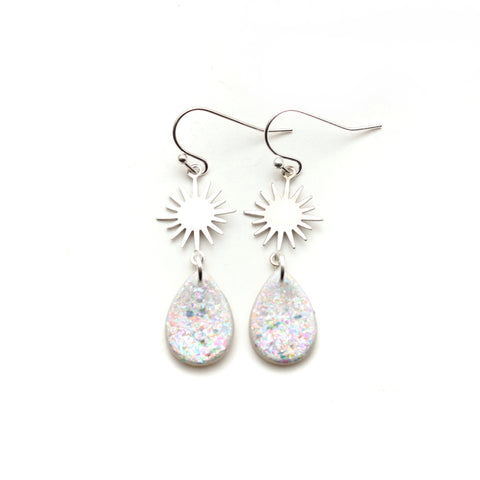 Silver Sun and Iridescent Teardrop Dangles Earrings