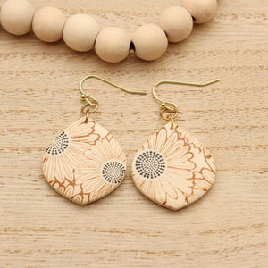 Ivory and Brown Printed Sunflower Dewdrops Earrings