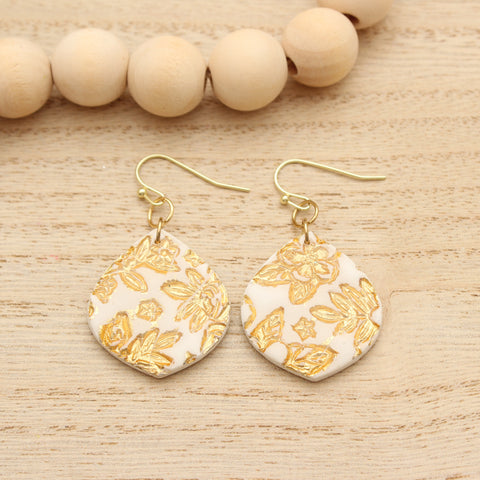 White and Gold Floral Embossed Dewdrops Earrings