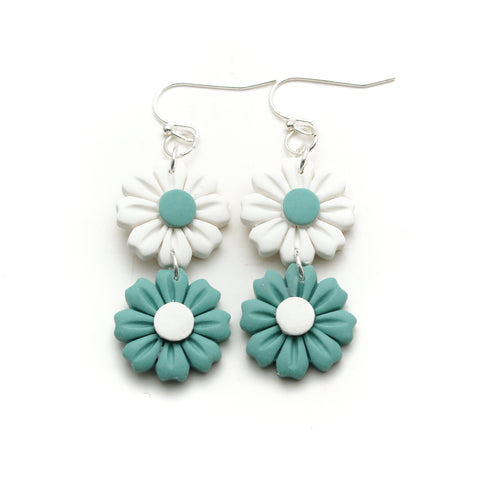 Teal Double Daisy Polymer Clay Earrings