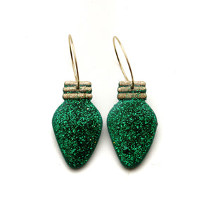 Green Glitter Christmas Light Hoop Dangle Earrings