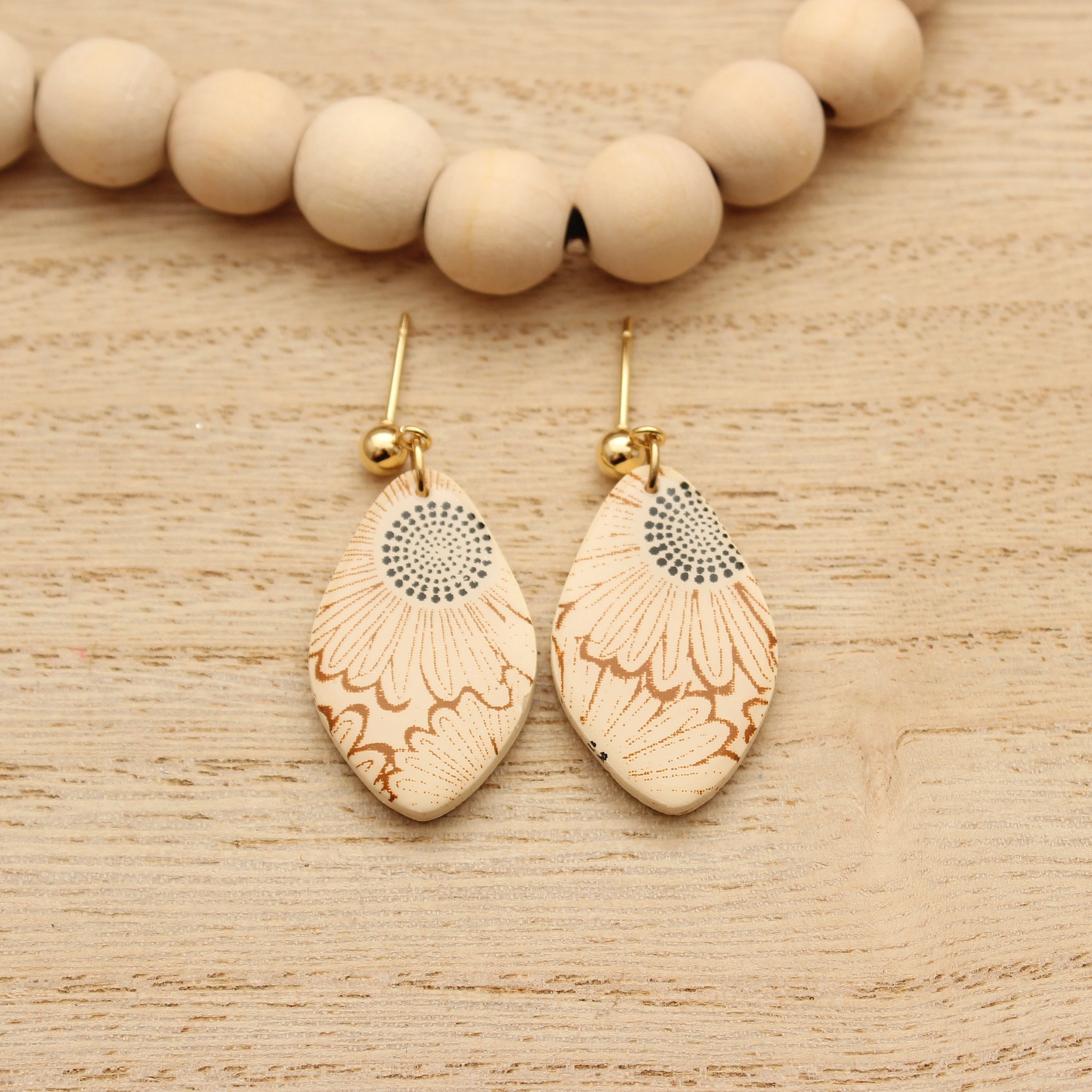 Ivory and Brown Printed Sunflower Conical Teardrop Earrings
