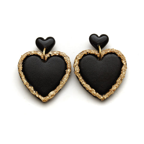 Black and Gold Outlined Heart Dangle Earrings