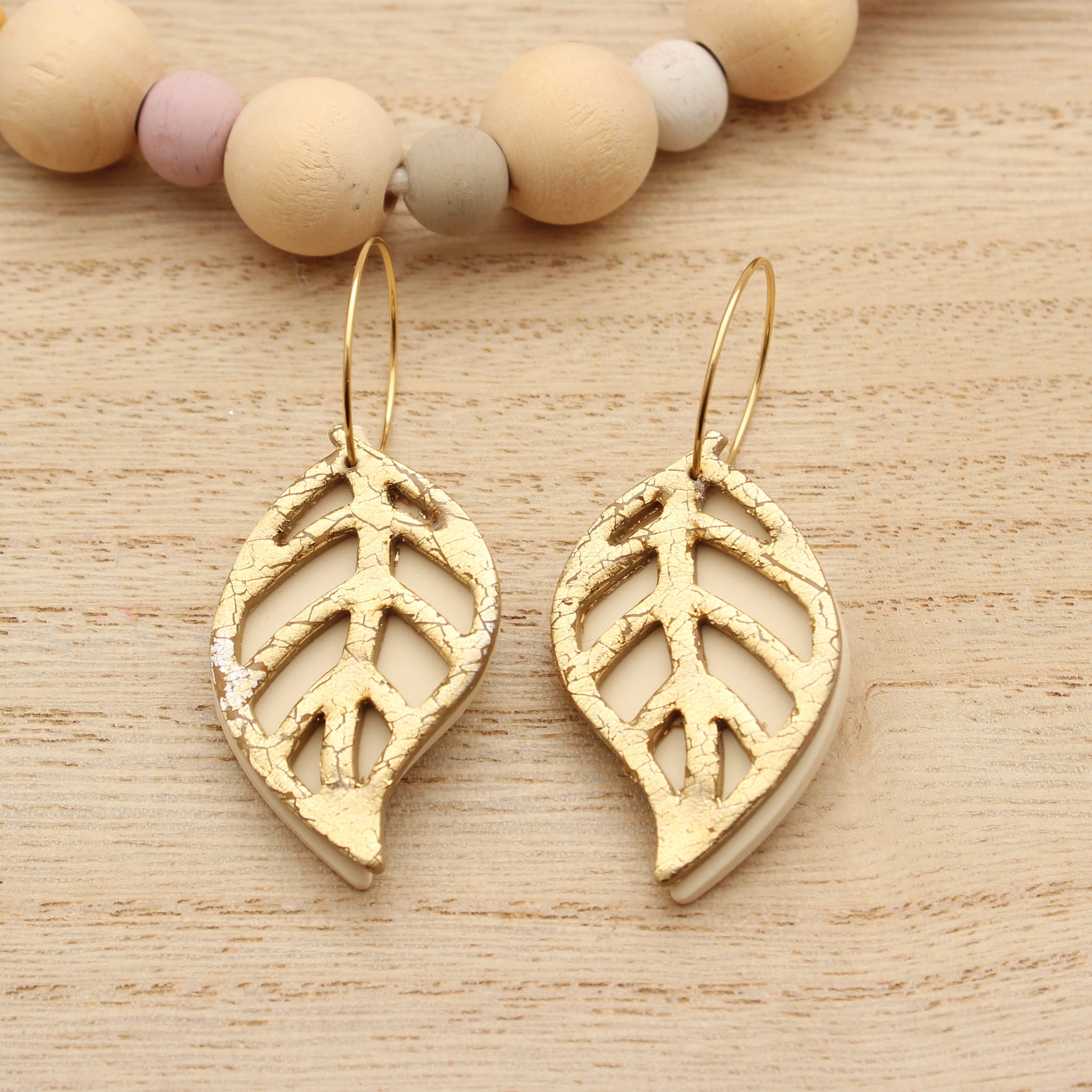 Ivory and Gold Layered Leaves Hoop Earrings