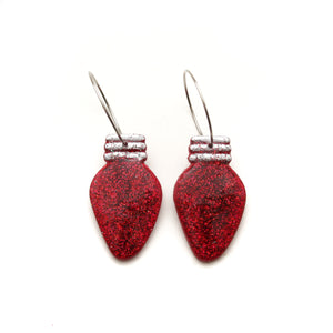 Red Glitter Christmas Light Hoop Dangle Earrings