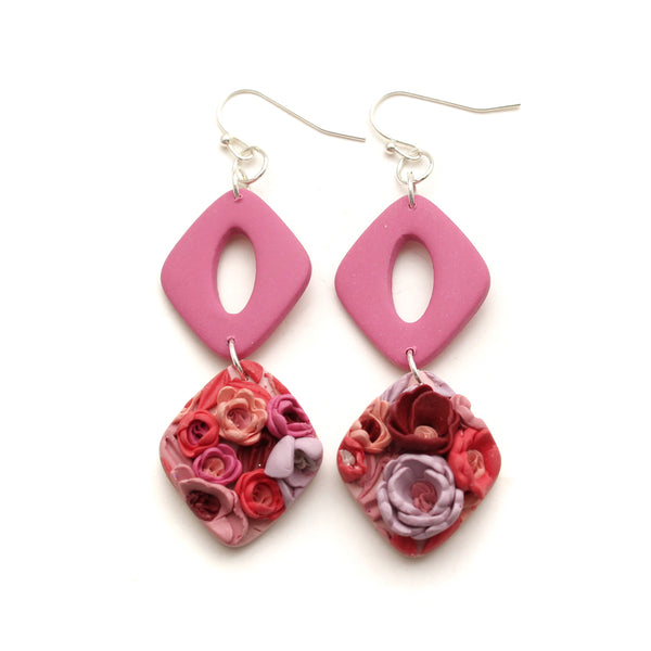 Pink and Red Floral Double Rhombus Polymer Clay Earrings