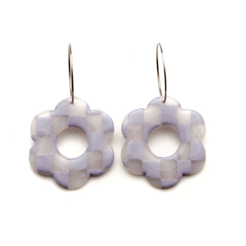 Lavender and Translucent Checkerboard Daisy Hoop Earrings