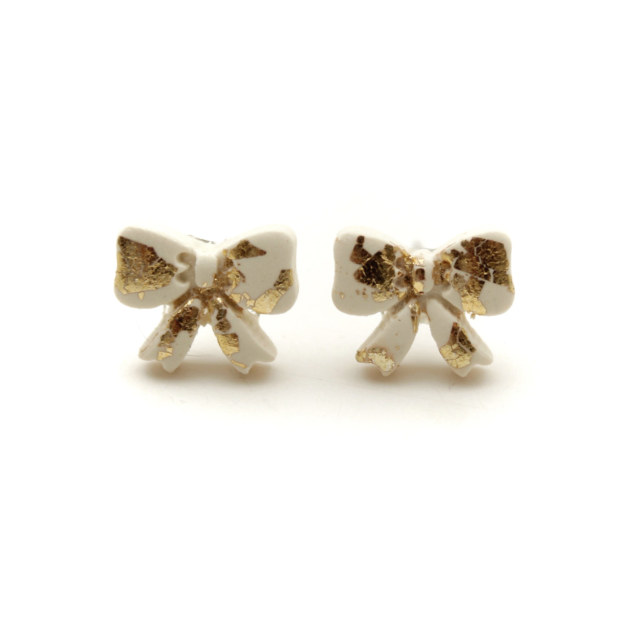 Ivory and Gold Foil Bow Stud Earrings