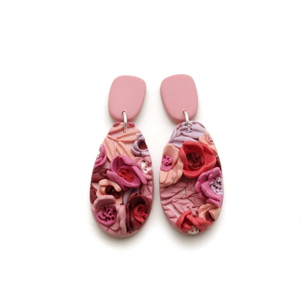 Pink and Red Floral Oval Dangle Earrings