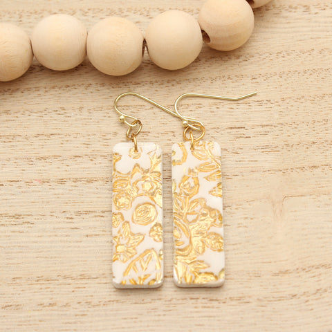 White and Gold Floral Embossed Rectangle Earrings