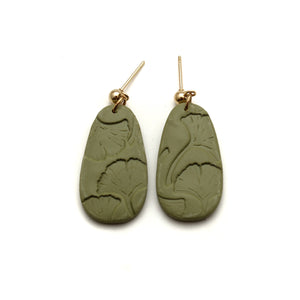 Olive Green Ginkgo Leaf Embossed Earrings