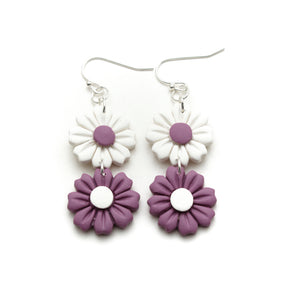 Purple Double Daisy Polymer Clay Earrings