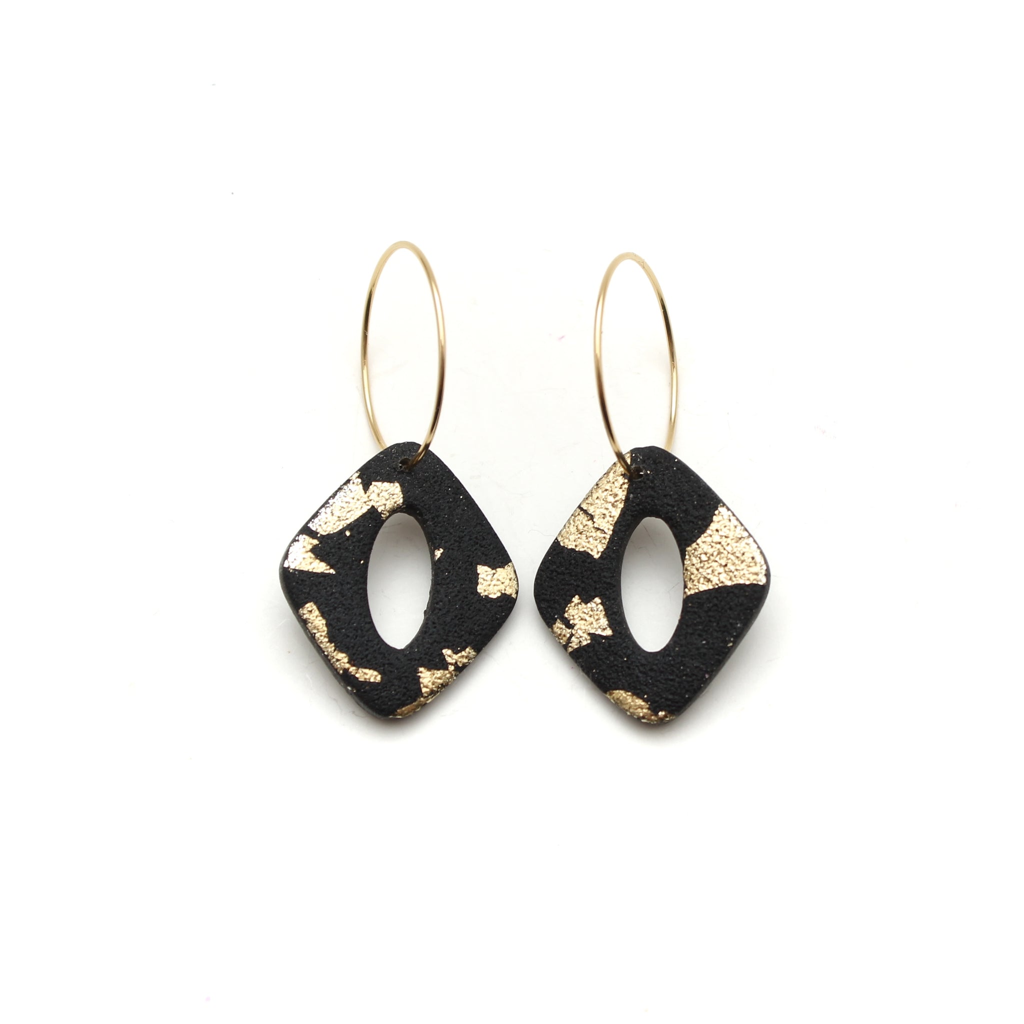 Textured Black and Gold Open Rhombus Hoop Earrings