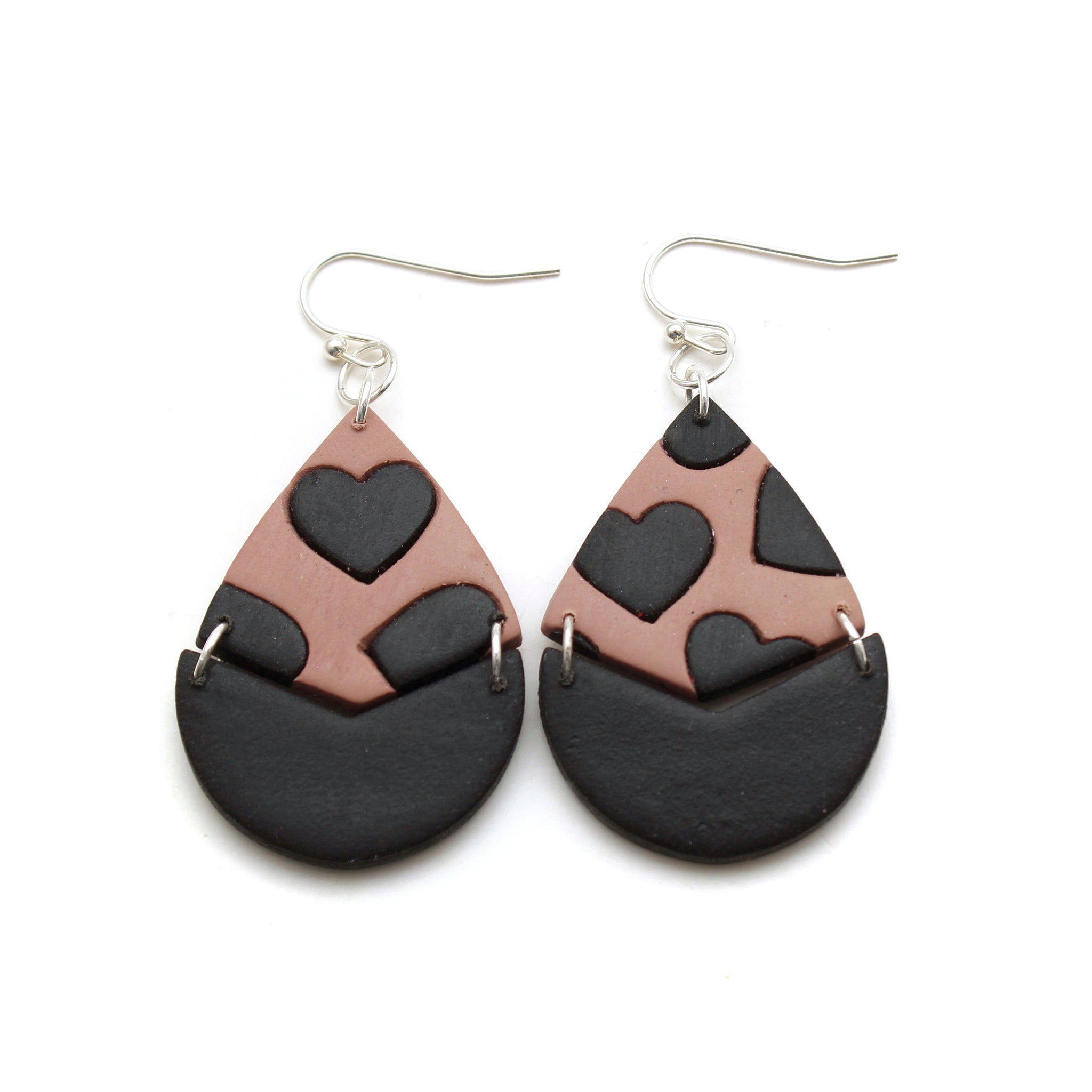 Mauve and Black Heart Leah Polymer Clay Earrings