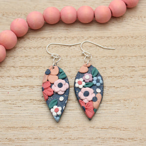 Navy with Coral Floral Petal Dangle Polymer Clay Earrings