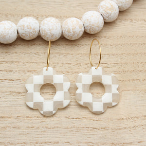 White and Translucent Checkerboard Daisy Hoop Earrings
