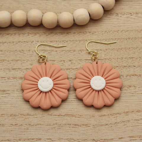 Coral Smiley Face Daisy Dangle Earrings