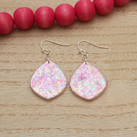 Iridescent Translucent Pink Floral Dewdrop Polymer Clay Earrings