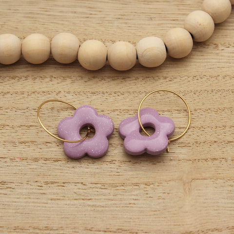 Lavender Daisy Hoop Dangle Earrings