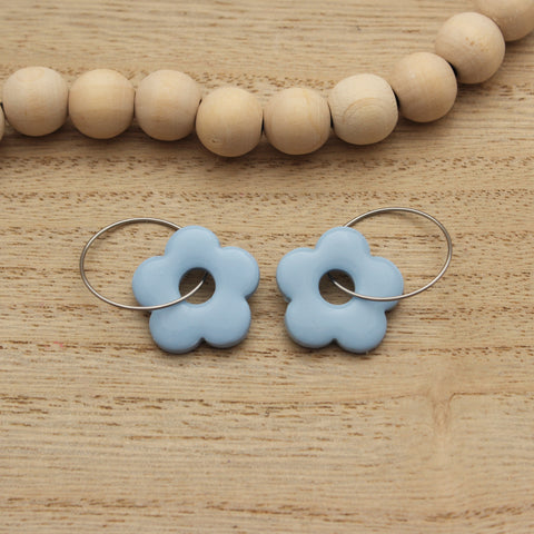 Light Blue Daisy Hoop Dangle Earrings