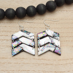 Black and White Iridescent Chevron Dangle Polymer Clay Earrings