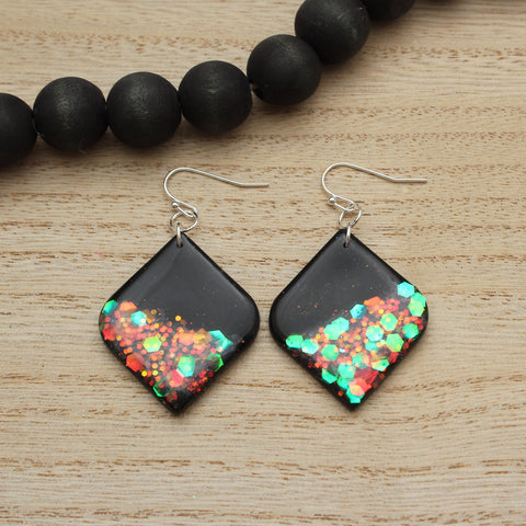 Pointed Square Black and Iridescent Glitter Polymer Clay Earrings