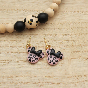 Pink Leopard Small Mouse Earrings