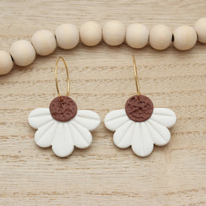 White with Brown Center Daisy Hoop Earrings