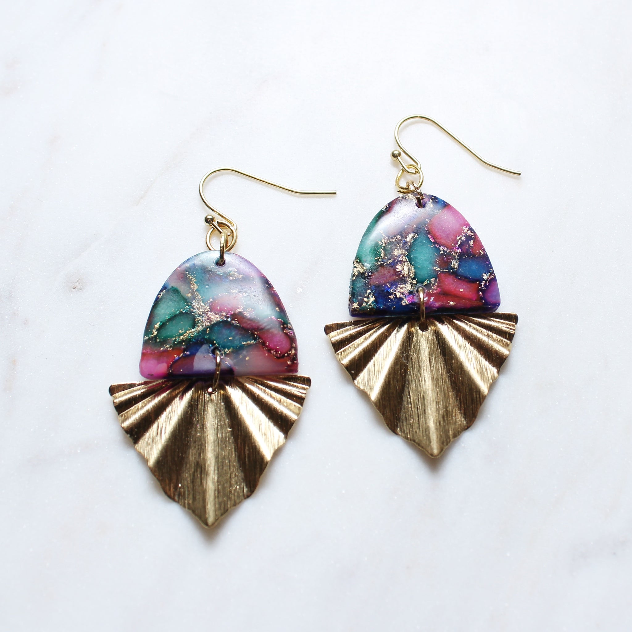 Jewel Tones Half Circle and Pleated Brass Accent Dangle Earrings