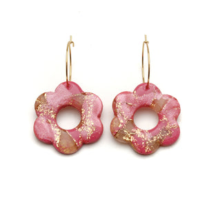Coral Pink Daisy Hoop Dangle Earrings