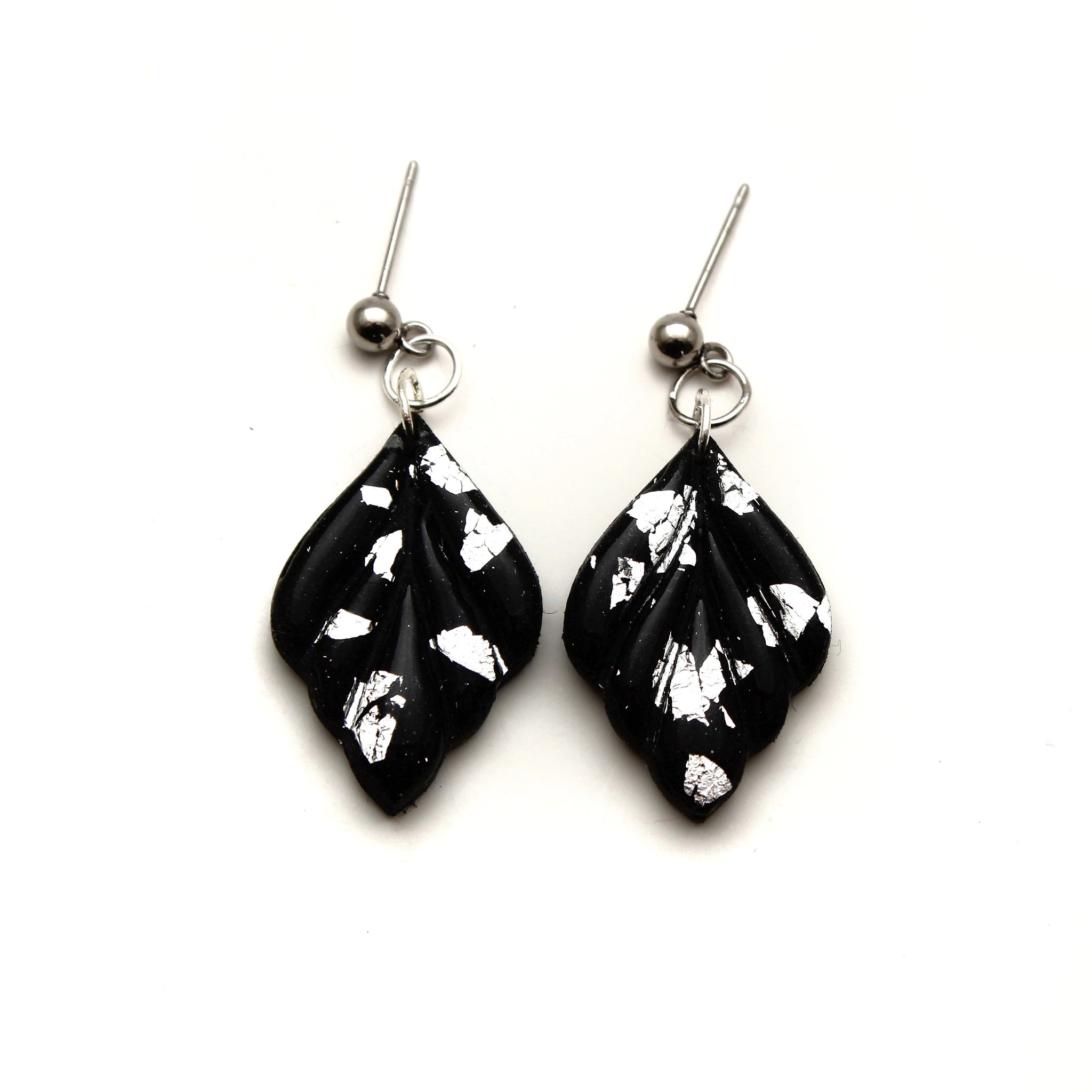 Black and Silver Foil Fawn Dangle Polymer Clay Earrings