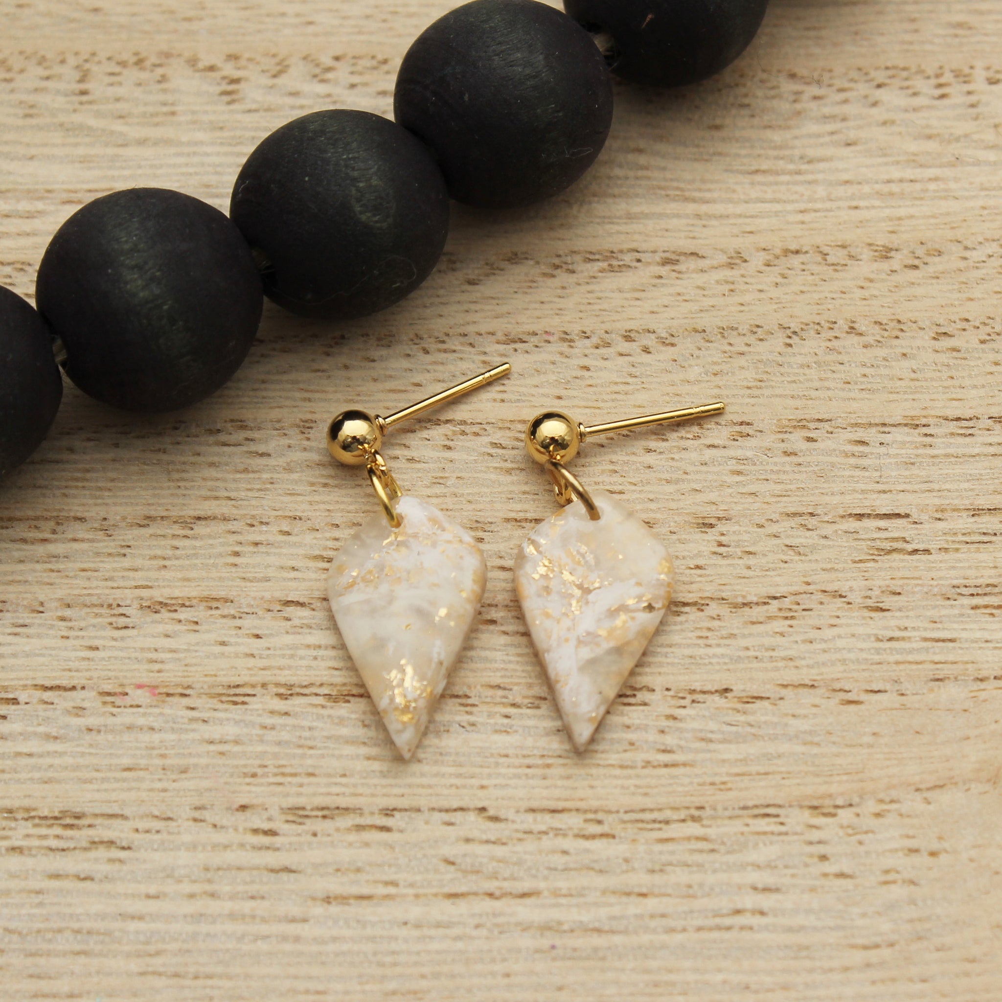 White and Gold Translucent Small Teardrop Dangle Earrings