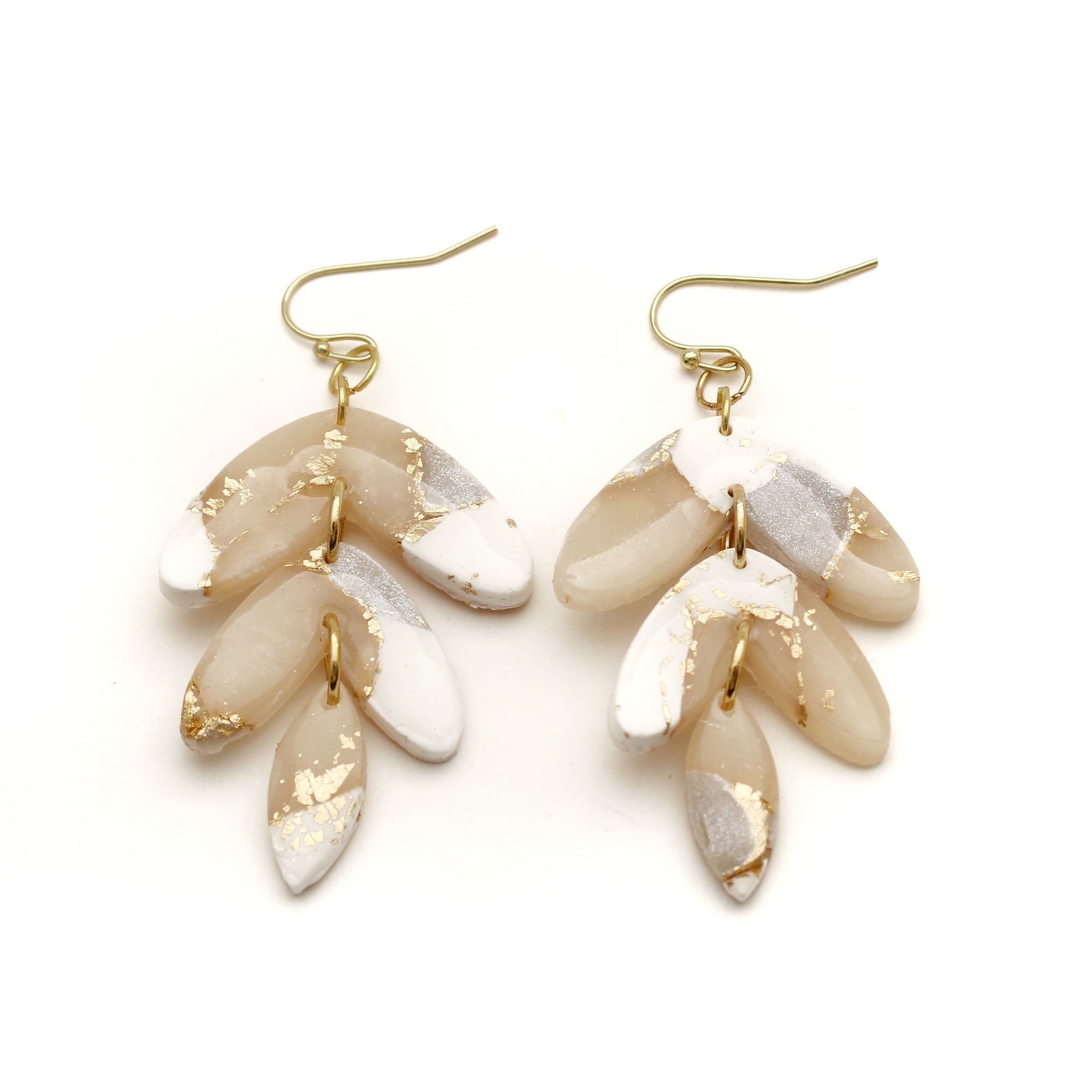 White and Nude Leaf Dangle Earrings - Valentine's