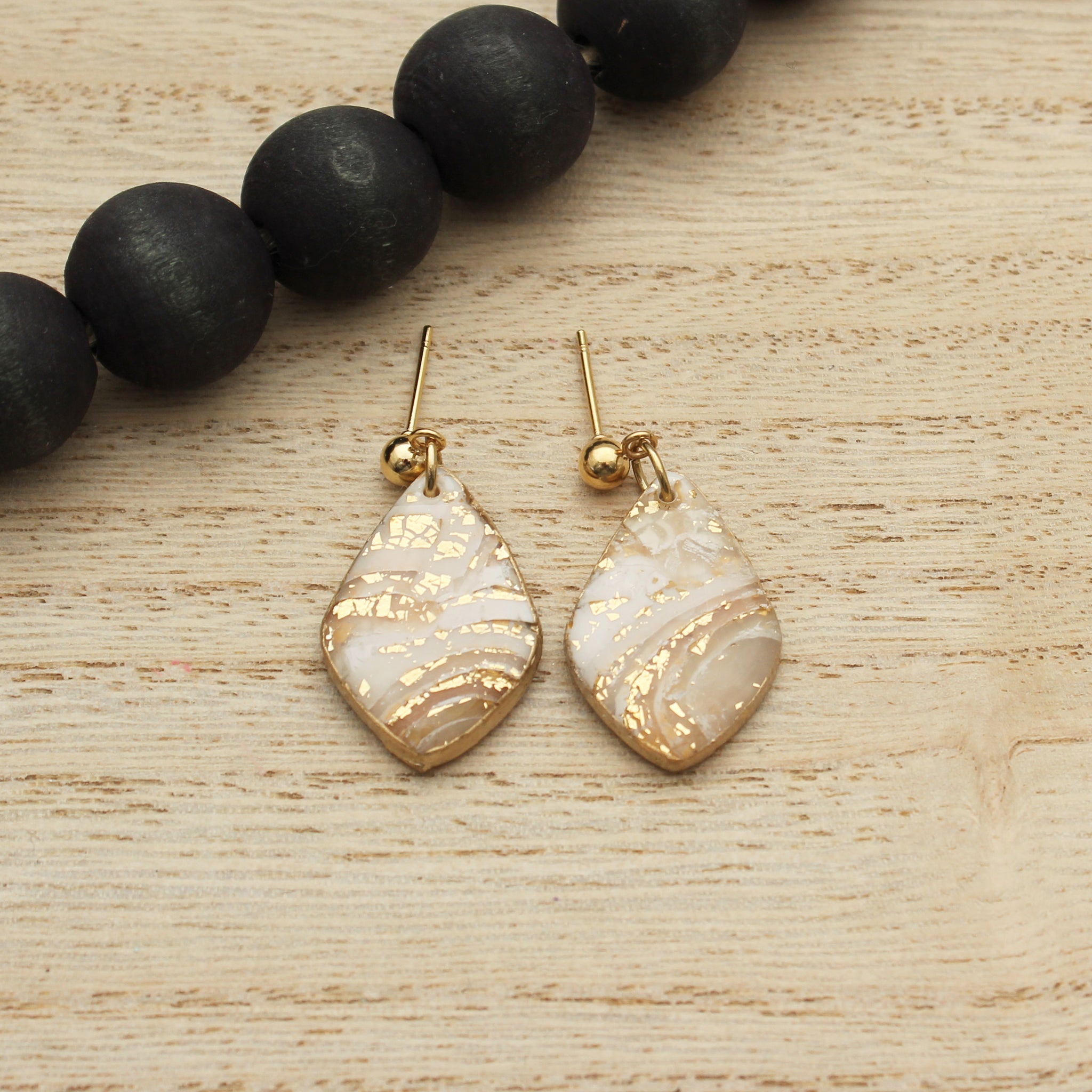 White and Gold Agate Diamond Dangle Earrings