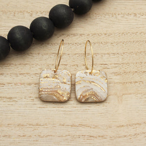 White and Gold Agate Square Hoop Dangle Earrings