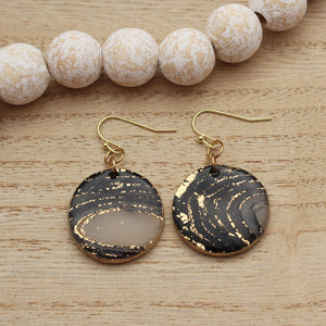 Black and Gold Agate Round Dangle Earrings