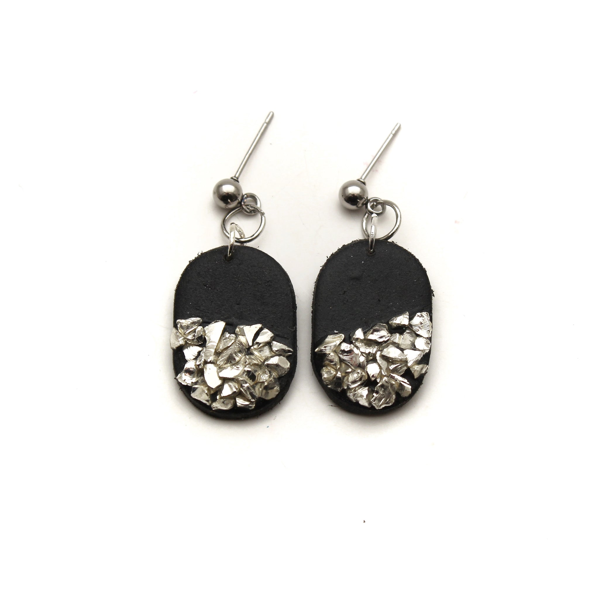 Black and Silver Shine Oblong Dangle Polymer Clay Earrings