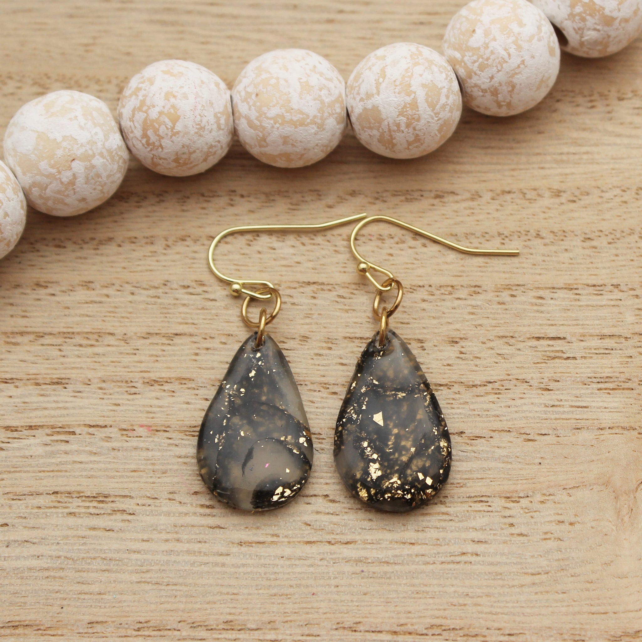 Black and Gold Translucent Teardrop Dangle Earrings