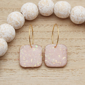 Square Pink Opal Hoop Dangle Earrings