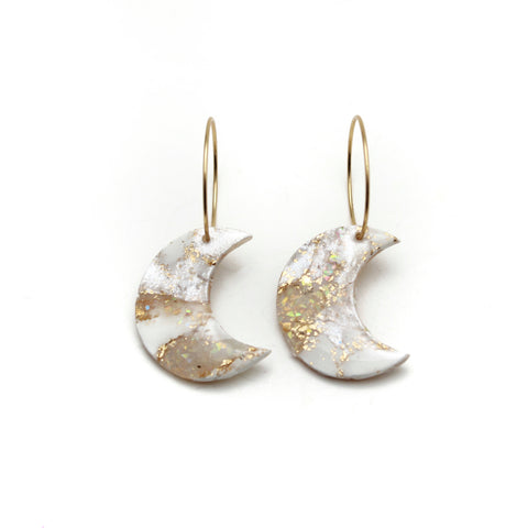 White and Pearl Moon Hoop Dangle Earrings