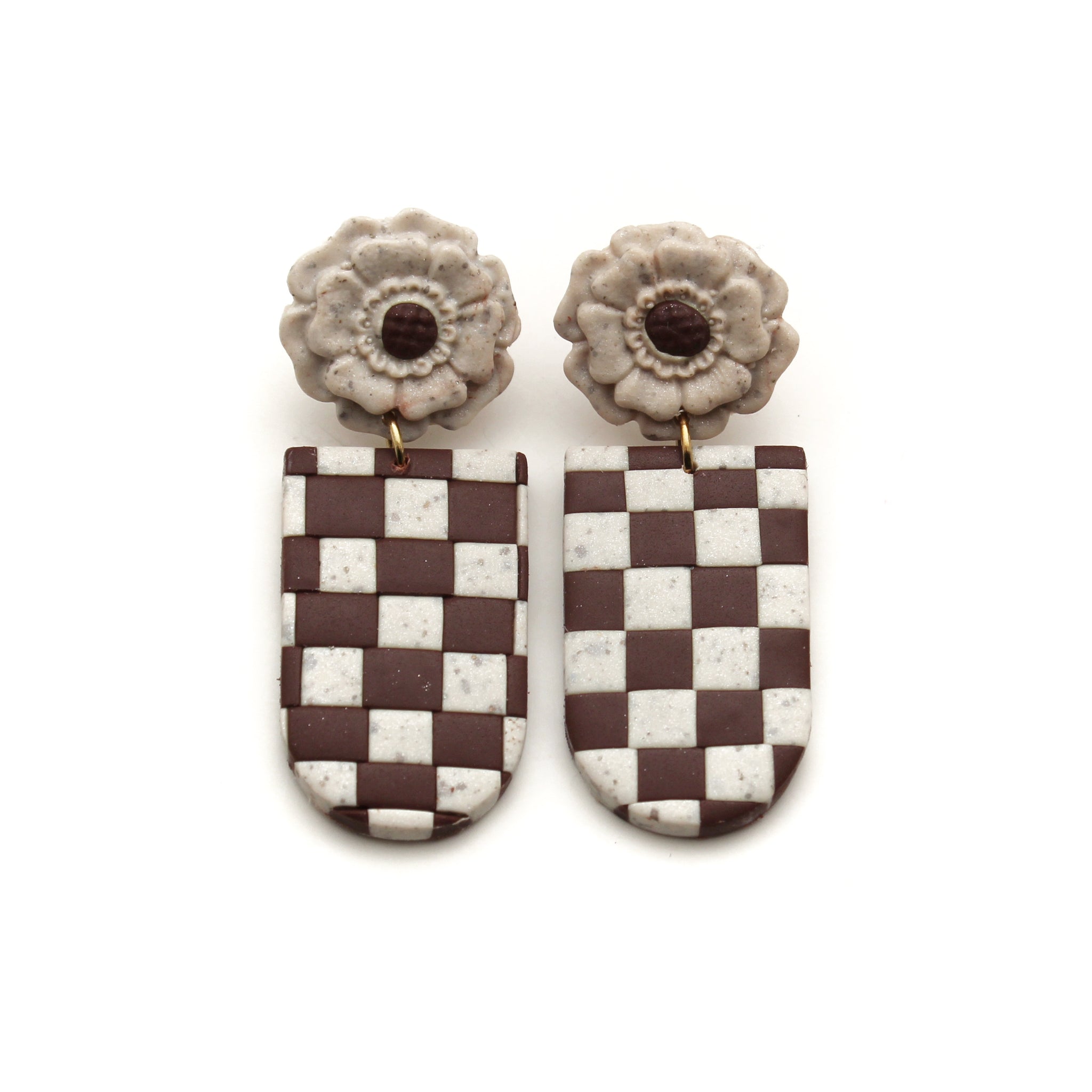 Brown and Off White Checkerboard Arch and Flower Dangle Earrings