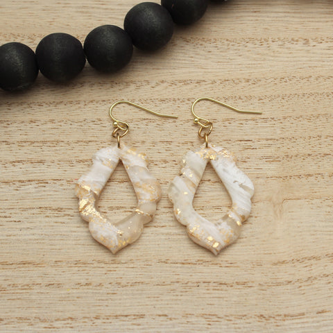 White and Gold Translucent Frilly Open Drop Earrings