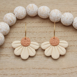 Ivory and Coral Daisy Hoop Dangle Earrings