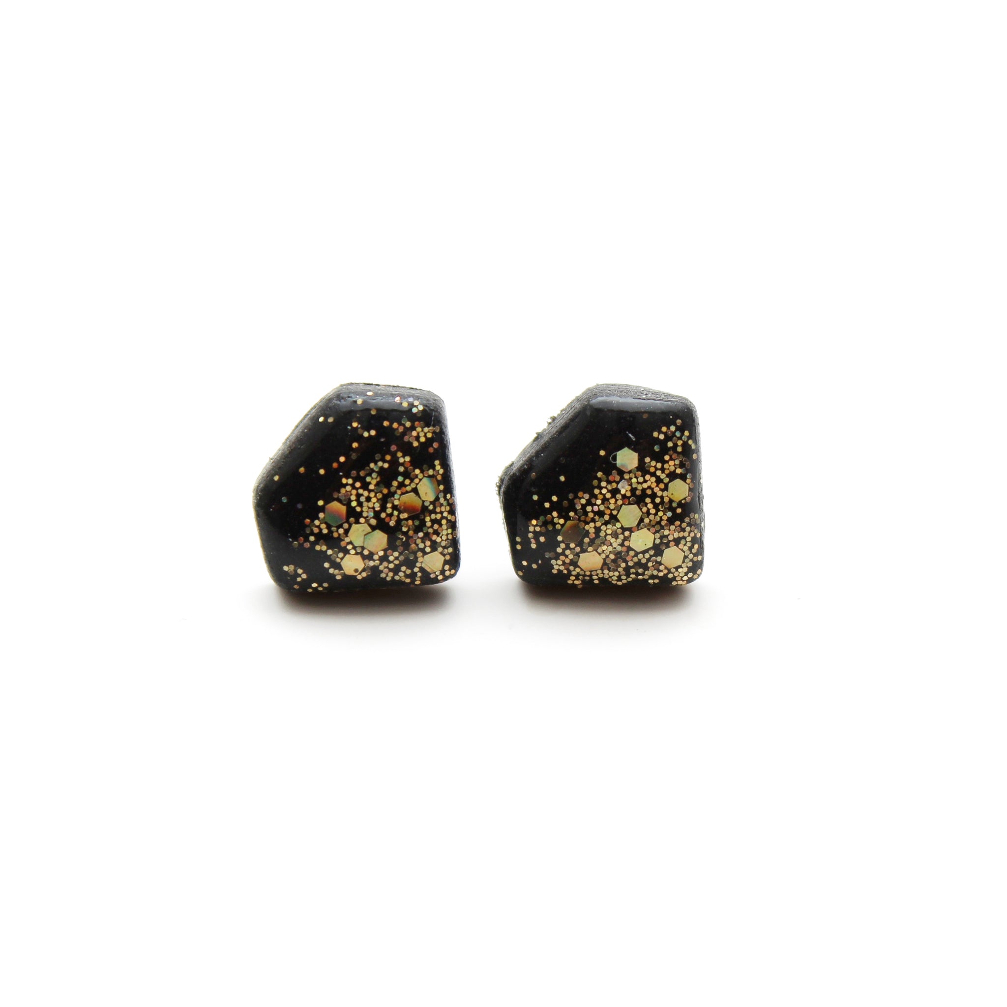 Black and Gold Holographic Glitter Gem Stud Earrings