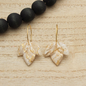 White and Gold Translucent Lotus Flower Hoop Dangle Earrings